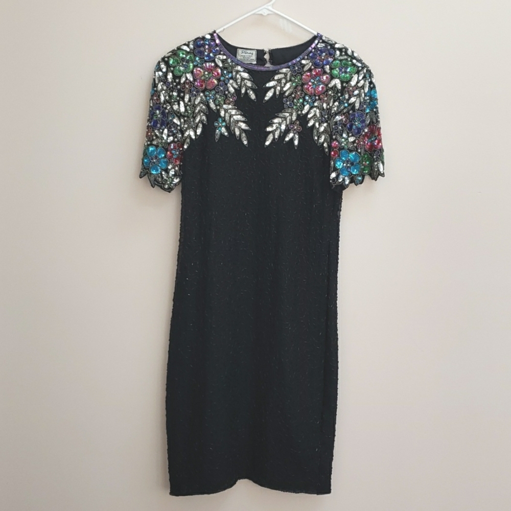 Vintage 1980s Stenay Black Silk Dress with Floral Sequin and Beaded Shoulders